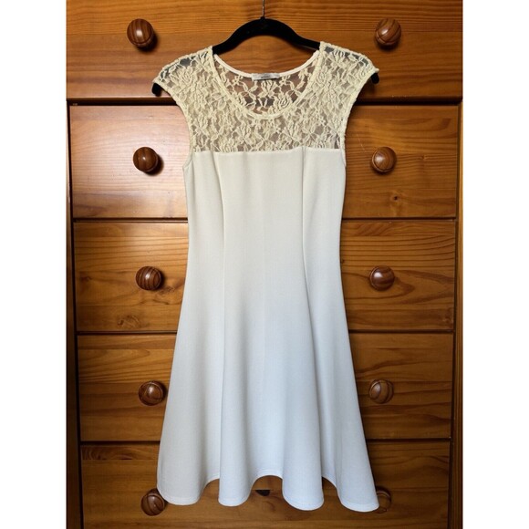 Acemi S Skater Dress Ivory Stretch Scoop Neck Sleeveless Lace Top White A-Line - Picture 5 of 11